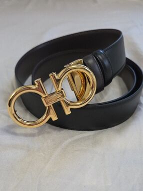 Salvatore Ferragamo Black & Brown Belt  Gold Double-Gancini Buckle